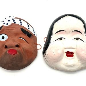 Vintage Japanese Paper Mache Traditional Dance Mark Hyottoko Kane Set of 2